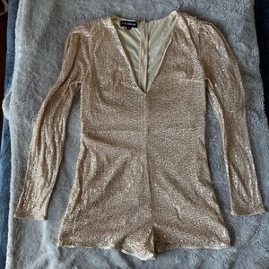 EllyBazar Women Gold Sequin Romper L Glam Party V-Neck Long Sleeve Chic